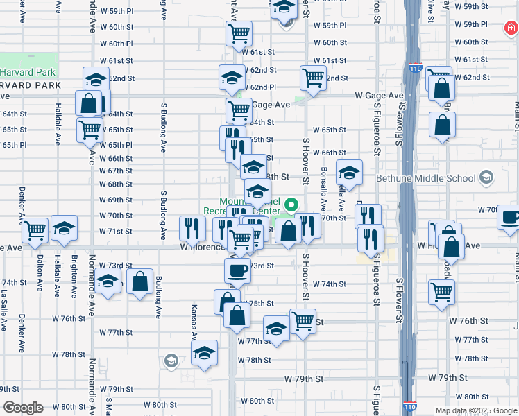 map of restaurants, bars, coffee shops, grocery stores, and more near 917 West 70th Street in Los Angeles