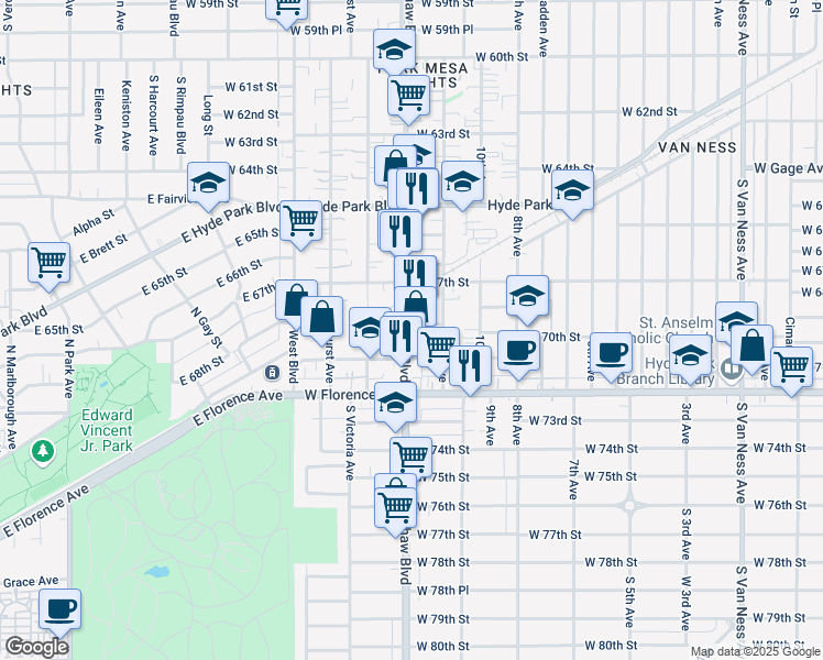 map of restaurants, bars, coffee shops, grocery stores, and more near 6812 Crenshaw Boulevard in Los Angeles