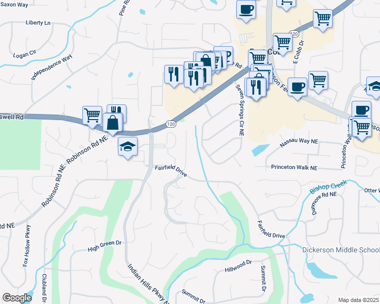 map of restaurants, bars, coffee shops, grocery stores, and more near 1100 Fielding Way in Marietta