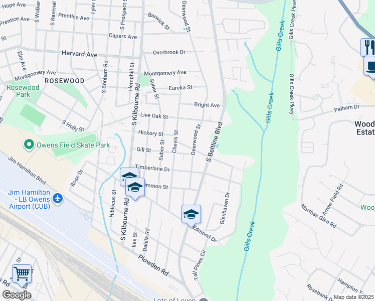 map of restaurants, bars, coffee shops, grocery stores, and more near 3944 Hickory Street in Columbia