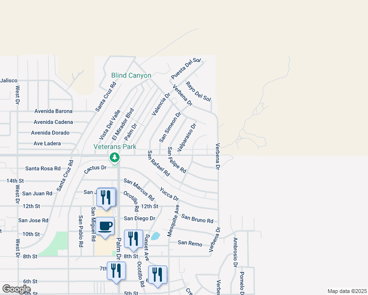 map of restaurants, bars, coffee shops, grocery stores, and more near 9926 Valparaiso Drive in Desert Hot Springs