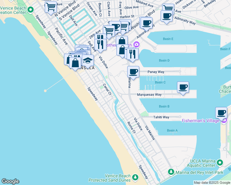 map of restaurants, bars, coffee shops, grocery stores, and more near 3807 Via Dolce in Marina del Rey
