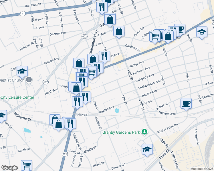 map of restaurants, bars, coffee shops, grocery stores, and more near 1343 Karlaney Avenue in Cayce