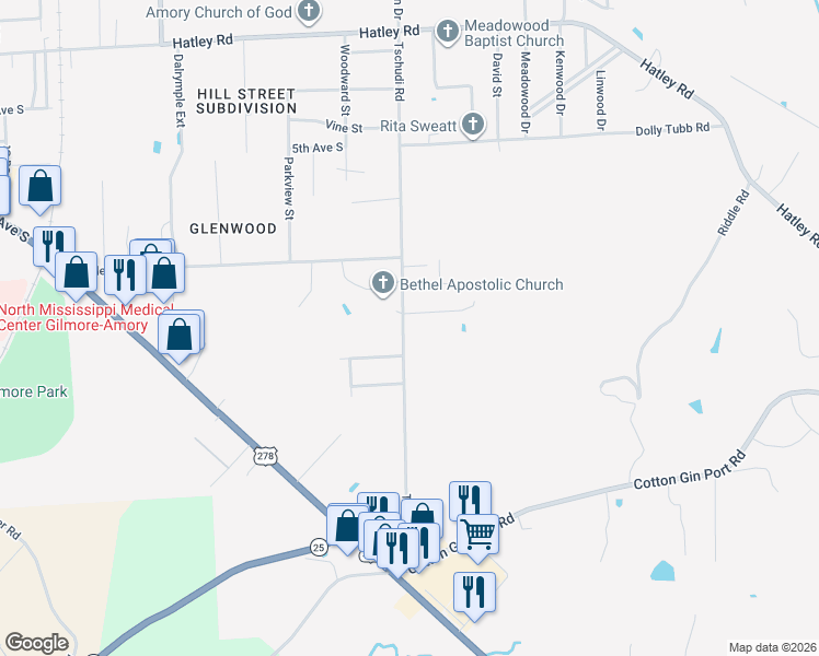 map of restaurants, bars, coffee shops, grocery stores, and more near 65 Tschudi Road in Amory