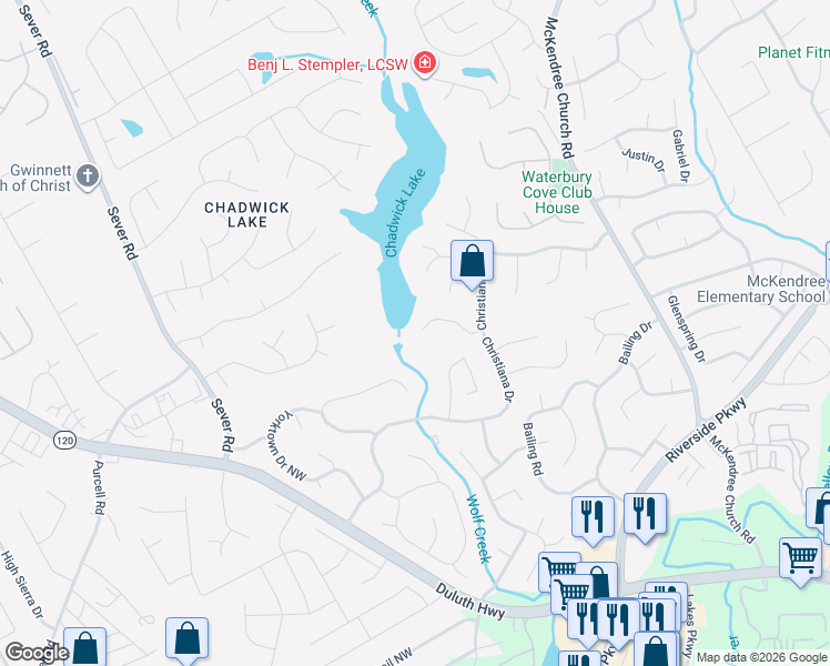 map of restaurants, bars, coffee shops, grocery stores, and more near 1228 Christiana Crossing in Lawrenceville