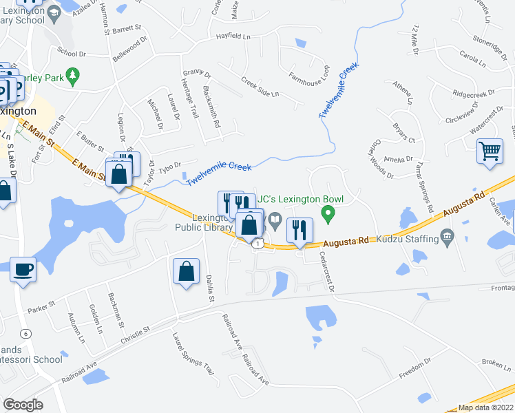 map of restaurants, bars, coffee shops, grocery stores, and more near 125 Library Hill Lane in Lexington