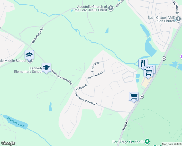 map of restaurants, bars, coffee shops, grocery stores, and more near 132 Poplar Way in Winder