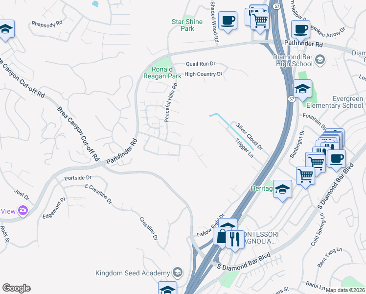 map of restaurants, bars, coffee shops, grocery stores, and more near 20902 Canyon Ridge Road in Walnut
