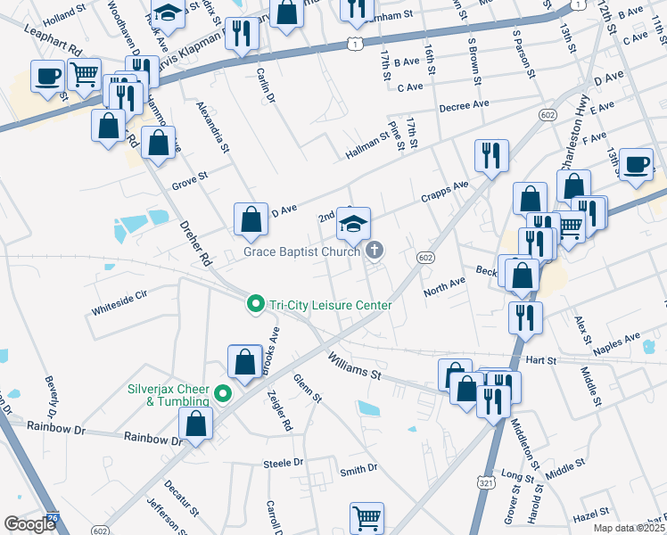 map of restaurants, bars, coffee shops, grocery stores, and more near 419 Taylor St in West Columbia