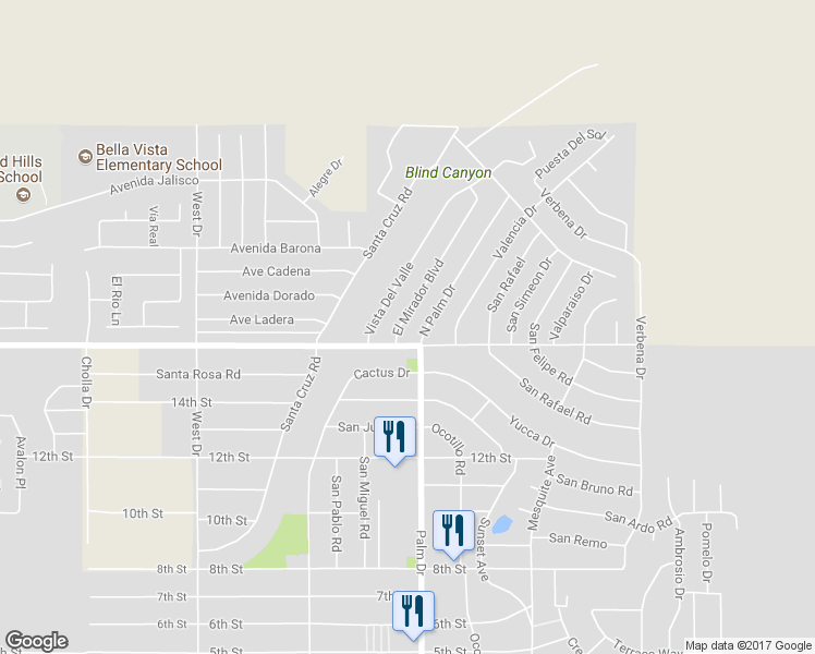 map of restaurants, bars, coffee shops, grocery stores, and more near 9890 El Mirador Boulevard in Desert Hot Springs