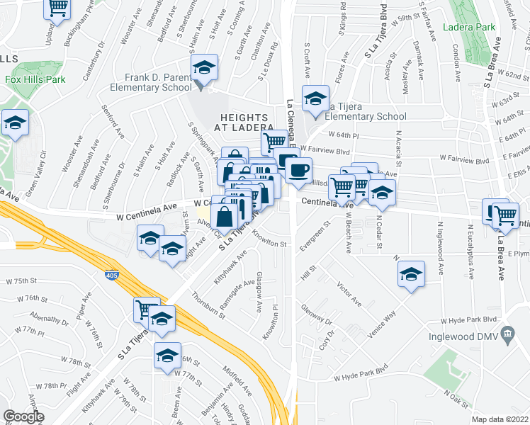 map of restaurants, bars, coffee shops, grocery stores, and more near 6840 La Tijera Boulevard in Los Angeles