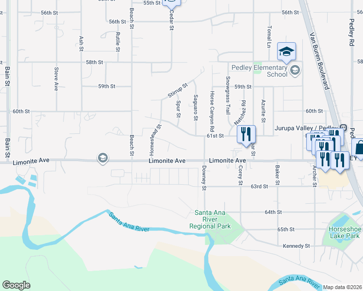 map of restaurants, bars, coffee shops, grocery stores, and more near 9461 Corral Street in Riverside