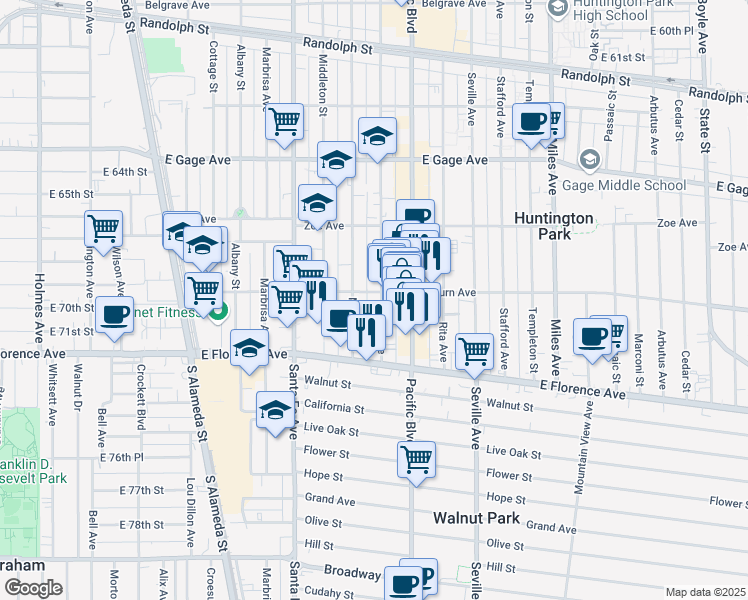 map of restaurants, bars, coffee shops, grocery stores, and more near 6911 Rugby Avenue in Huntington Park