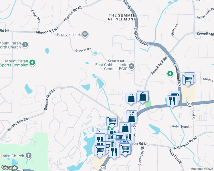 map of restaurants, bars, coffee shops, grocery stores, and more near 1020 Ven Villa Road in Marietta