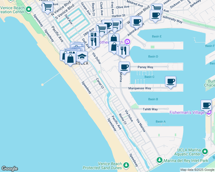 map of restaurants, bars, coffee shops, grocery stores, and more near 3807 Via Dolce in Marina del Rey
