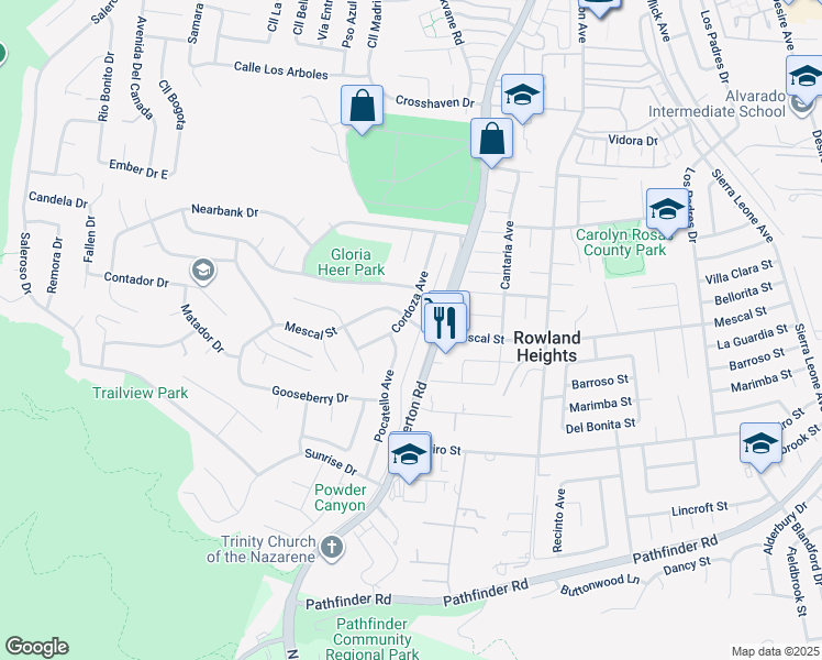 map of restaurants, bars, coffee shops, grocery stores, and more near 18166 Mescal Street in Rowland Heights