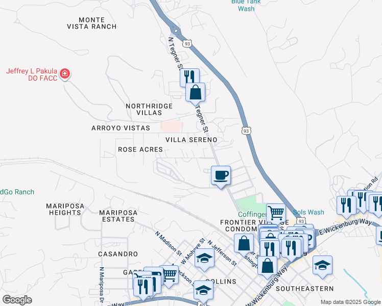 map of restaurants, bars, coffee shops, grocery stores, and more near 294 Palm Drive in Wickenburg