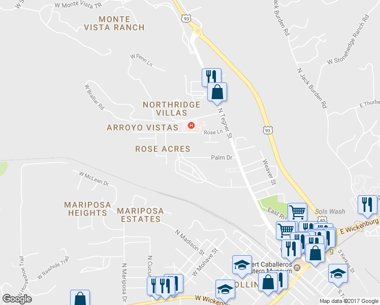 map of restaurants, bars, coffee shops, grocery stores, and more near 540 Palm Drive in Wickenburg