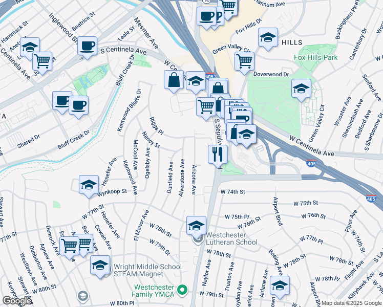 map of restaurants, bars, coffee shops, grocery stores, and more near 7009 Arizona Avenue in Los Angeles