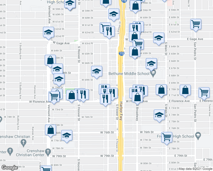 map of restaurants, bars, coffee shops, grocery stores, and more near 6917 South Figueroa Street in Los Angeles