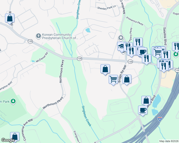 map of restaurants, bars, coffee shops, grocery stores, and more near 2156 Worrall Hill Drive in Duluth