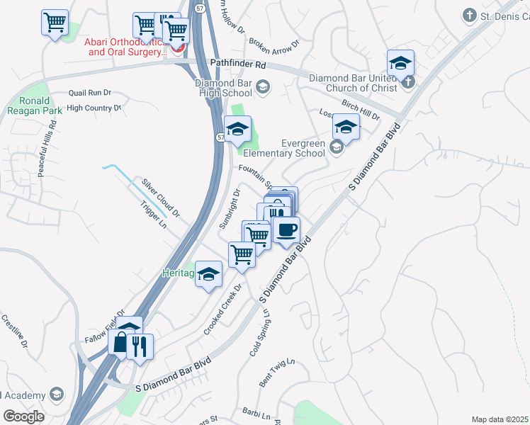 map of restaurants, bars, coffee shops, grocery stores, and more near 2660 Castlerock Road in Diamond Bar