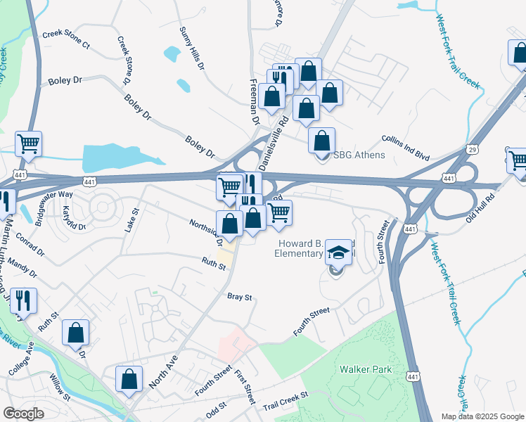 map of restaurants, bars, coffee shops, grocery stores, and more near 130 Old Hull Road in Athens