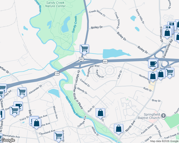 map of restaurants, bars, coffee shops, grocery stores, and more near 220 Bridgewater Way in Athens