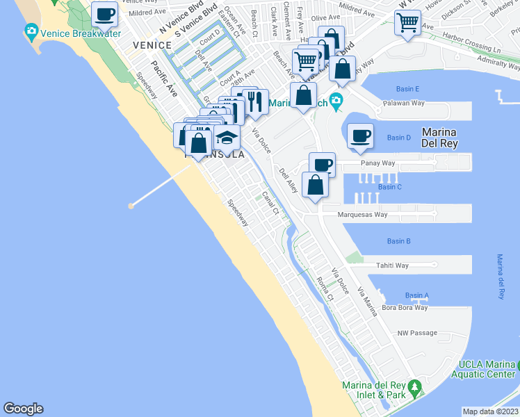 map of restaurants, bars, coffee shops, grocery stores, and more near 110 Fleet Street in Marina del Rey