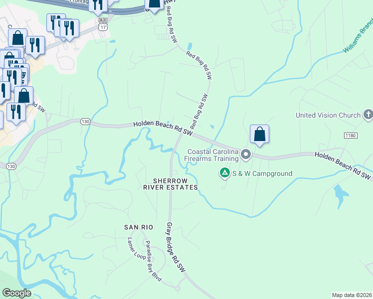 map of restaurants, bars, coffee shops, grocery stores, and more near 320 Gray Bridge Road Southwest in Shallotte