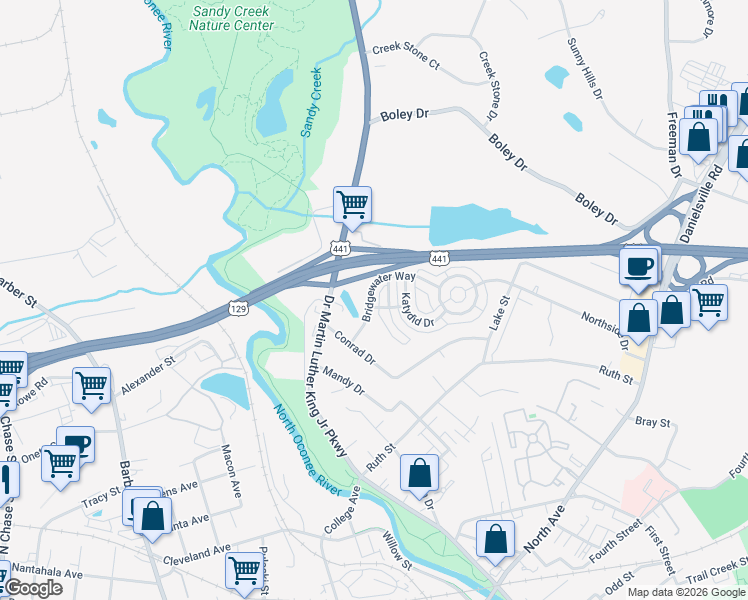 map of restaurants, bars, coffee shops, grocery stores, and more near 143 Fern Ridge Court in Athens