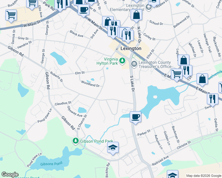 map of restaurants, bars, coffee shops, grocery stores, and more near 456 S Church St in Lexington