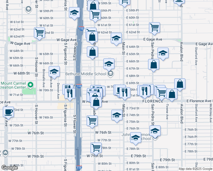 map of restaurants, bars, coffee shops, grocery stores, and more near 209 West 70th Street in Los Angeles
