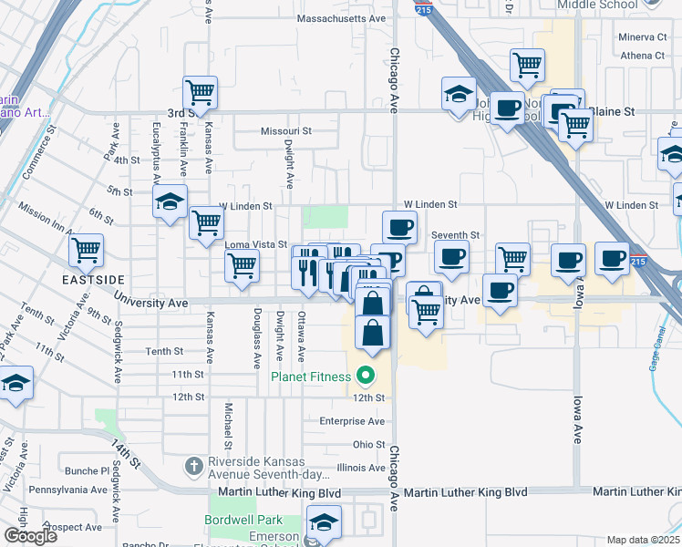 map of restaurants, bars, coffee shops, grocery stores, and more near 1804 Seventh Street in Riverside