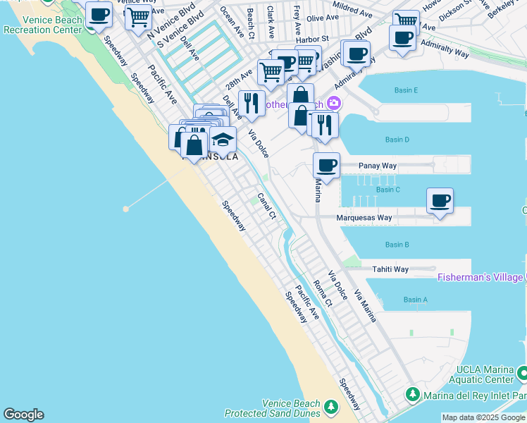 map of restaurants, bars, coffee shops, grocery stores, and more near 114 Fleet Street in Marina del Rey