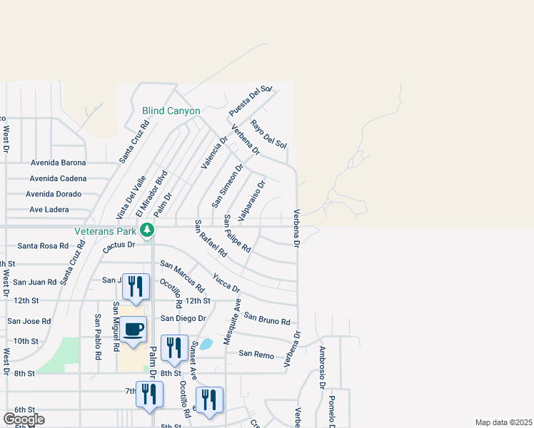 map of restaurants, bars, coffee shops, grocery stores, and more near 9970 Mesquite Avenue in Desert Hot Springs