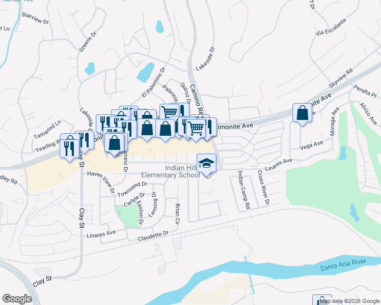 map of restaurants, bars, coffee shops, grocery stores, and more near 6152 Karianne Lane in Riverside
