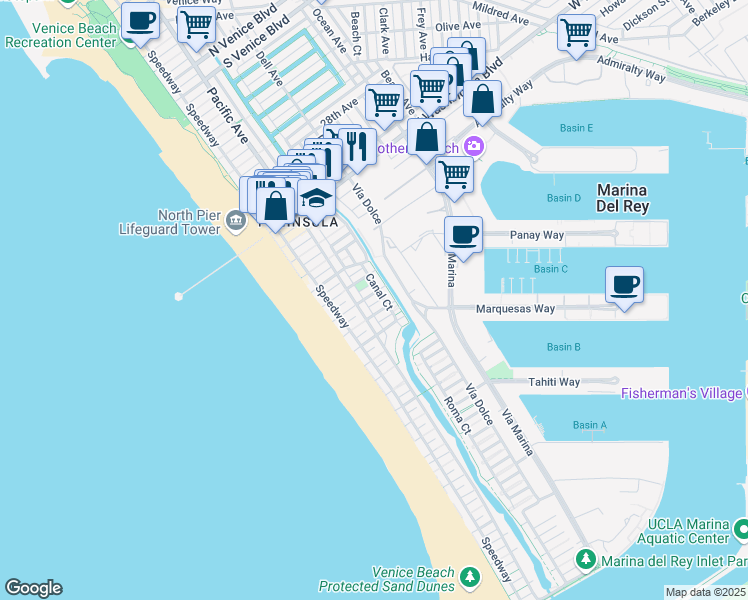 map of restaurants, bars, coffee shops, grocery stores, and more near 120 Fleet Street in Marina del Rey