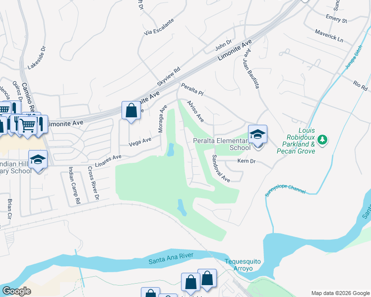 map of restaurants, bars, coffee shops, grocery stores, and more near 6155 Avenue Juan Diaz in Riverside