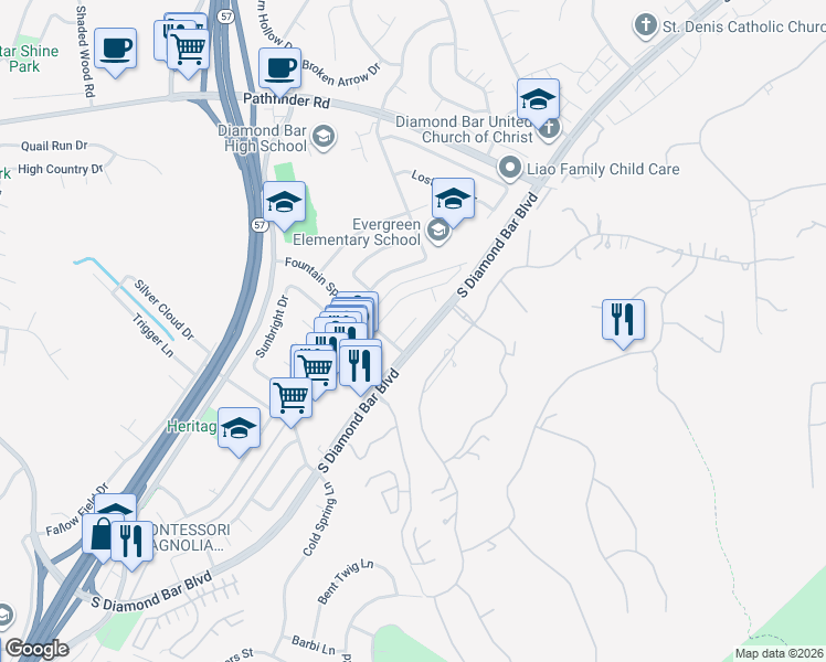 map of restaurants, bars, coffee shops, grocery stores, and more near 2622 Rising Star Drive in Diamond Bar