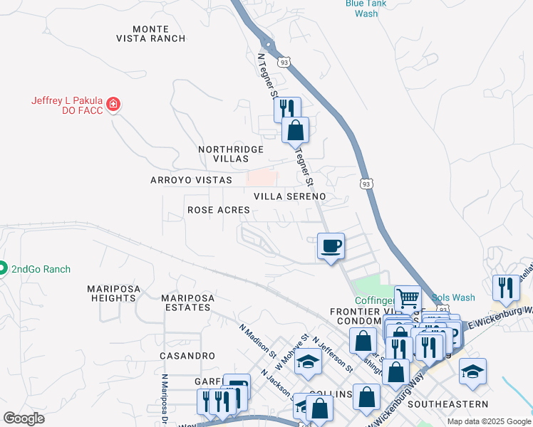 map of restaurants, bars, coffee shops, grocery stores, and more near 540 Palm Drive in Wickenburg