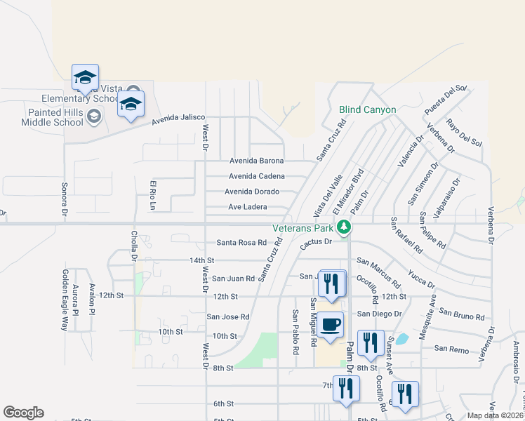 map of restaurants, bars, coffee shops, grocery stores, and more near 66211 Avenue Ladera in Desert Hot Springs