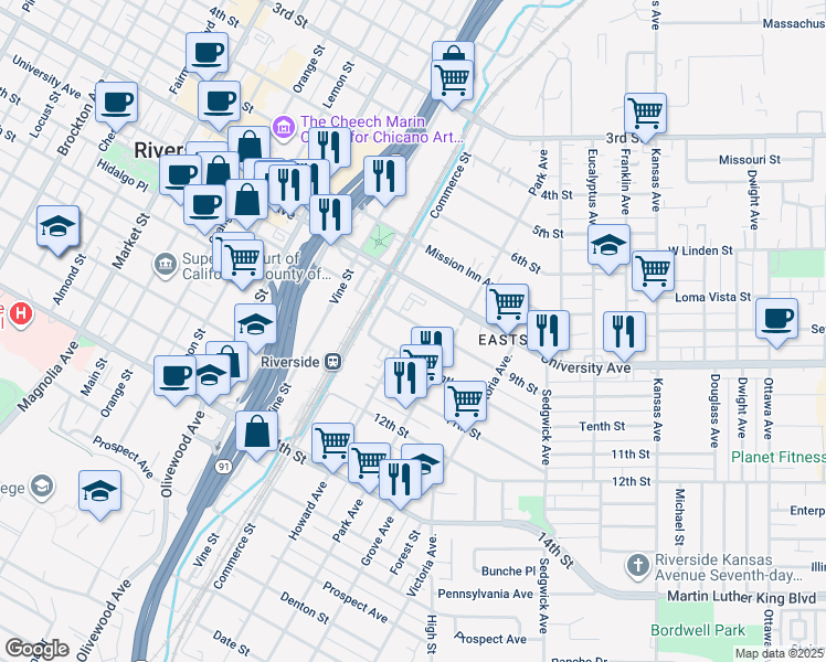 map of restaurants, bars, coffee shops, grocery stores, and more near 2938 9th Street in Riverside