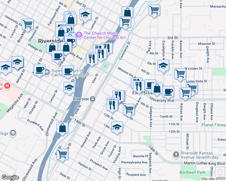 map of restaurants, bars, coffee shops, grocery stores, and more near 2989 Tenth Street in Riverside