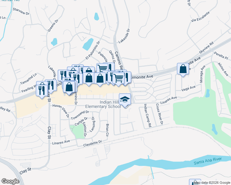 map of restaurants, bars, coffee shops, grocery stores, and more near 6152 Karianne Lane in Riverside