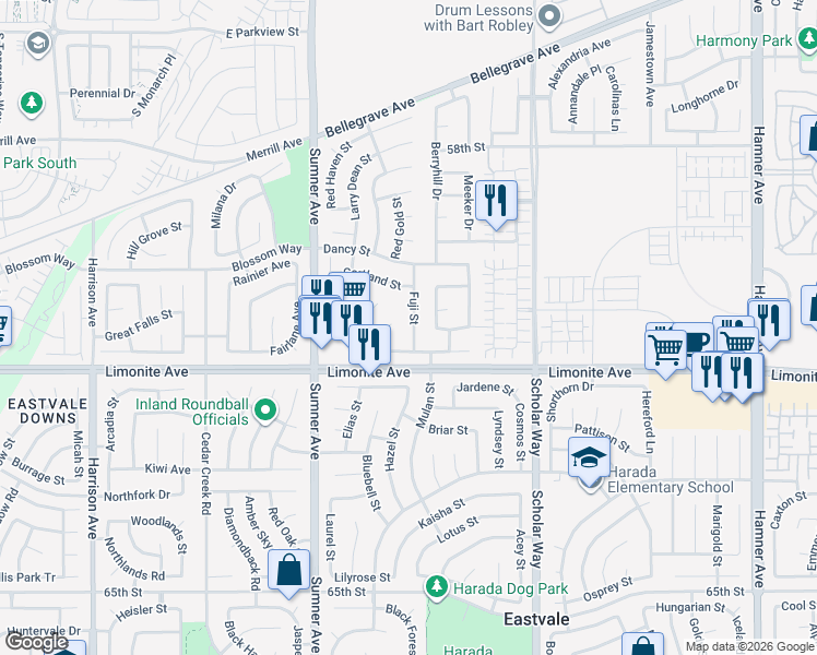 map of restaurants, bars, coffee shops, grocery stores, and more near 6148 Fuji Street in Corona