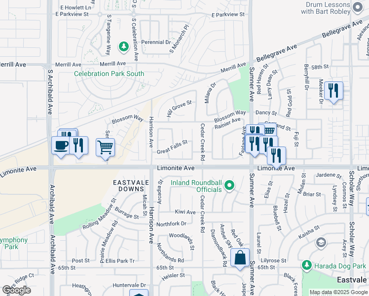map of restaurants, bars, coffee shops, grocery stores, and more near 6123 Foxpoint Court in Corona