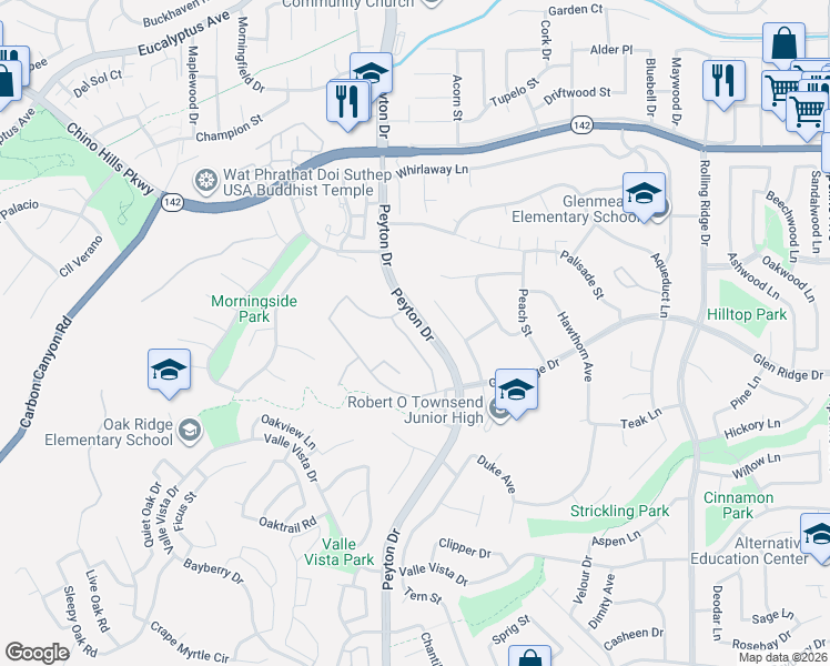 map of restaurants, bars, coffee shops, grocery stores, and more near 3308 Arden Way in Chino Hills