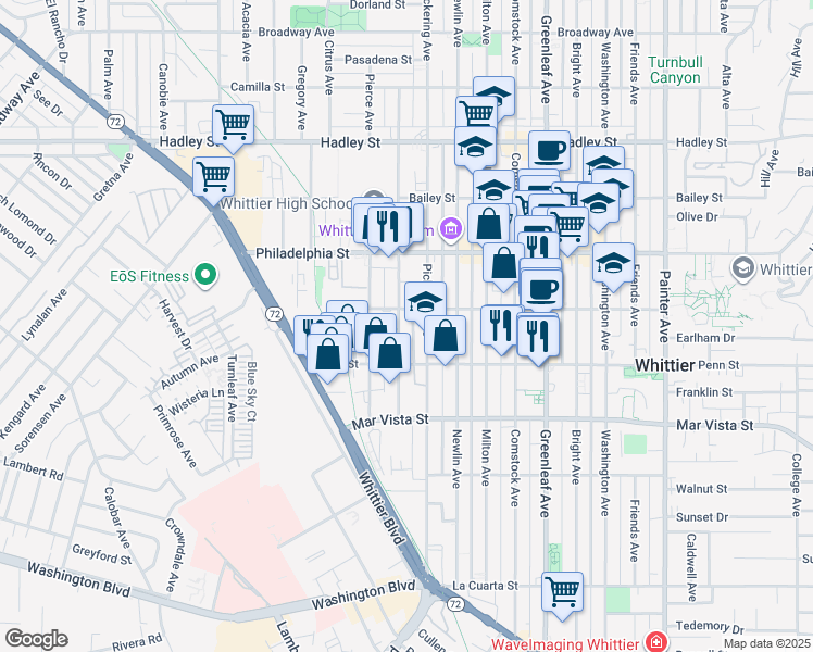 map of restaurants, bars, coffee shops, grocery stores, and more near 7229 Pickering Avenue in Whittier