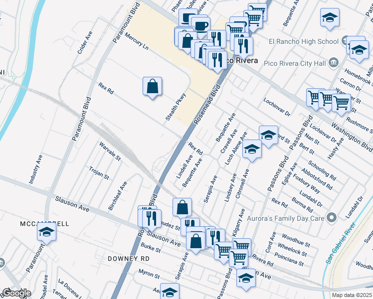map of restaurants, bars, coffee shops, grocery stores, and more near 7415 Lindell Avenue in Pico Rivera